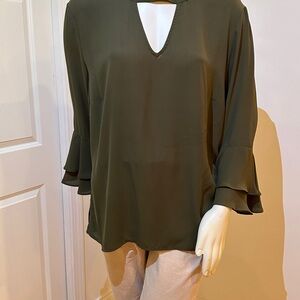 New York & Company Olive Tunic with Ruffle Sleeves